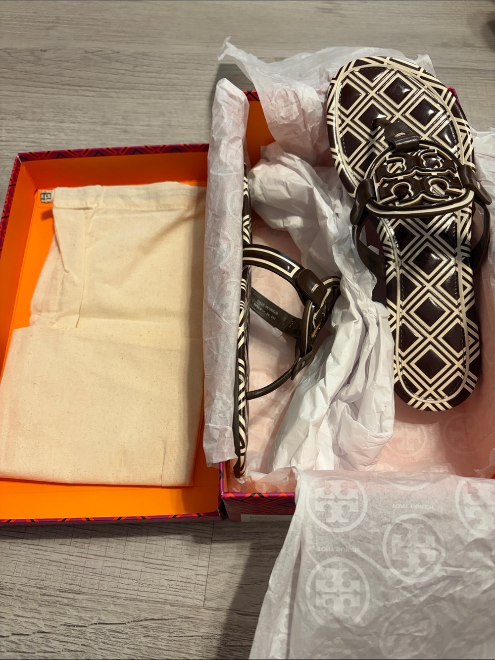 Tory Burch Brown and White Geometric Logo Sandal